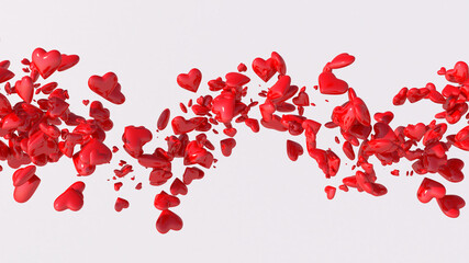 Fototapeta na wymiar Red glossy hearts flying. Valentine concept. White background. Abstract illustration, 3d render.