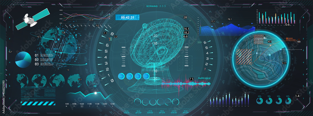 Poster Space antenna with HUD interface display. Sci-fi dashboard with 3D objects - satellite, earth globe, antenna and Futuristic User Interface screens with HUD UI. Control center with hi-tech scanning