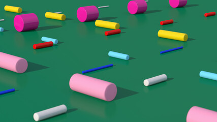 Colorful cylinders, green background. Abstract illustration, 3d render.