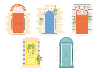 front doors with plants icon set vector design