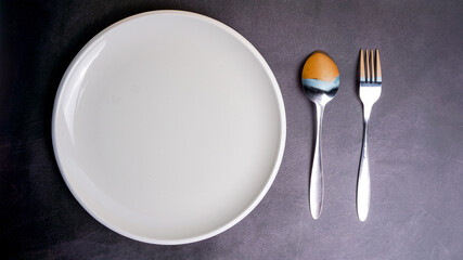 wooden empty plate on a dark stone background, Copy space Top view - Image
