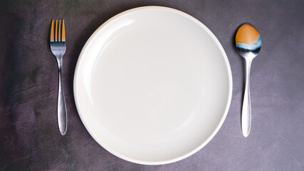 wooden empty plate on a dark stone background, Copy space Top view - Image