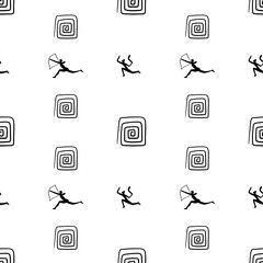 Seamlees pattern illustration with black old cave paintings isolated on white background