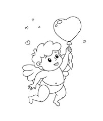 Cute cartoon Cupid with balloon in heart shape. Illustration for a Valentine's Day. Black and white vector illustration for coloring book
