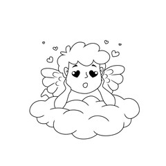 Cute cartoon Cupid in love dreaming on cloud. Illustration for a Valentine's Day. Black and white vector illustration for coloring book