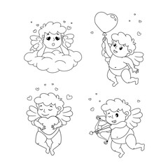 Set of cute cartoon Cupids. Illustration for a Valentine's Day. Black and white vector illustration for coloring book