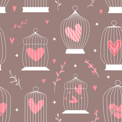 Seamless decorative spring pattern with cages and hearts inside. valentine's day concept. Vector illustration.