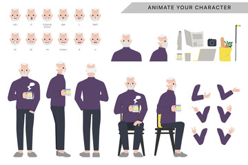 Character for elderly character animated with emotions face and animation mouths.