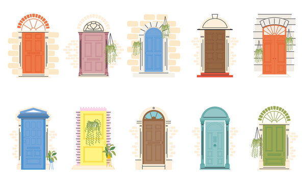 front doors with plants symbol collection vector design