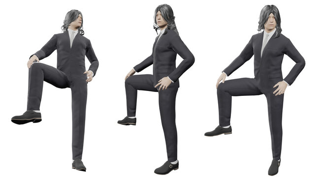 3d illustration Asian men with long black hair photo set Wear best gray tie suit Show a standing posture and raise one leg. A confident expression With cutting path