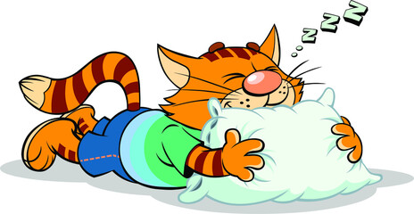 Red cat sleeping.
A vector illustration of a cartoon striped red cat sleeping on the blue pillow.