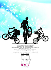 Fototapeta na wymiar Active young men doing tricks on a bicycle, extreme sport concept. Sport background ready for poster or banner, vector.