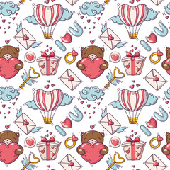 Seamless pattern with valentines day and love objects in doodle style on white background