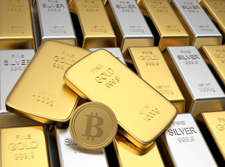 Bitcoin coin on rows of gold and silver bars. 3d illustration