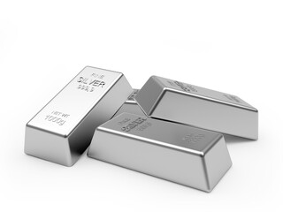 Several silver bars isolated on a white background. 3d illustration