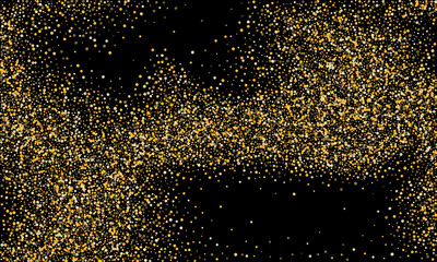 Gold glitter confetti on a black background. Shiny particles scattered, sand. Decorative element. Luxury background for your design, cards, invitations, vector