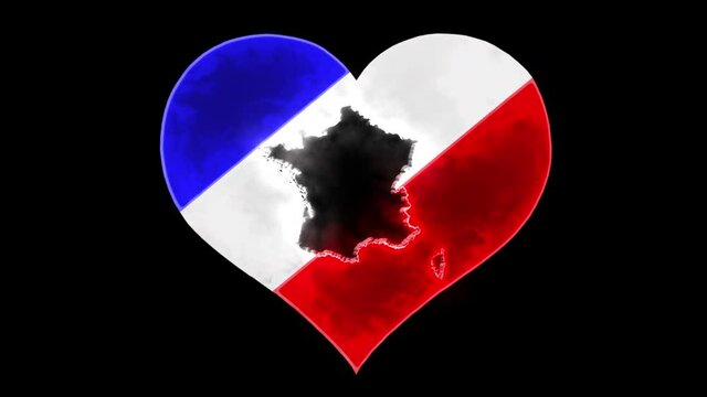 Map of France inside a animated beating heart with French flag.Love France.country love video.