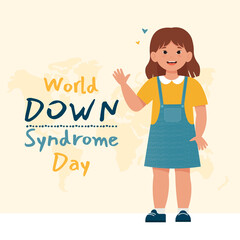 Little happy girl with down syndrome. World down syndrome day. Vector illustration in flat style