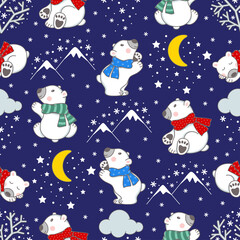 Seamless pattern with snowflakes, clouds, moon and cute polar bears. Vector illustration.