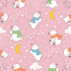 Seamless pattern with snowflakes, clouds, moon and cute polar bears. Vector illustration.