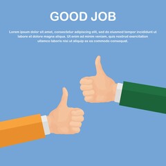Hands of many businessmans with thumbs up. Positive feedback. Vector illustration