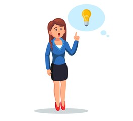 Businesswoman with light bulb. Woman have a good idea, solution of problem. Vector illustration