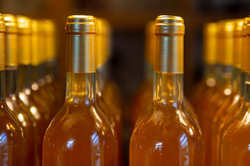 White wine bottles with gold caps lined up in multiple rows.