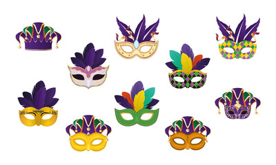 mardi gras masks with feathers set vector design - obrazy, fototapety, plakaty