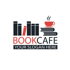 literary cafe emblem with books and cup isolated on white background