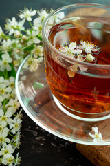 A transparent cup of teapot tea with a saucer and a white bird cherry flower on a black background. Copy space. Spring breakfast
