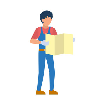cartoon worker holding a construction plans, flat style