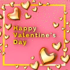 Happy Valentine's day flatlay letters with gold air balloons in heart shape. 3d rendering square banner with gold ribbon.
