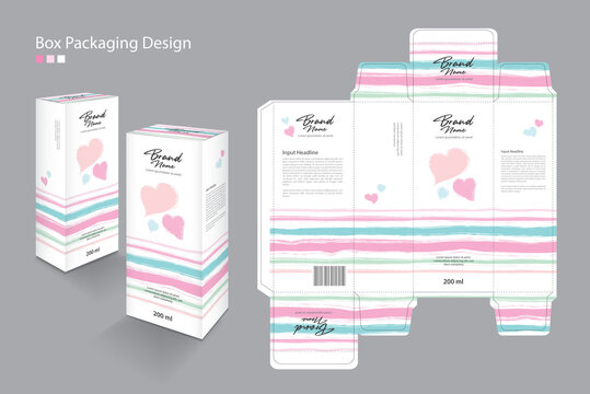 Box, Packaging Template for cosmetic, Supplement, spa, Beauty, food, Hair, Skin, lotion, medicine, cream. product design creative idea. Boxes 3d , Line pattern pastel background, Heart logo vector