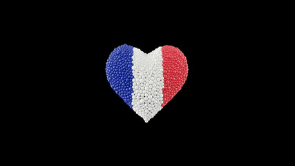 France National Day. July 14. Bastille Day. Heart shape made out of shiny sphere on black background. 3D rendering.