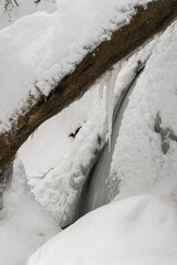Fototapeta na wymiar Vereister Wasserfall eingebettet in eine Schnee und Waldlandschaft