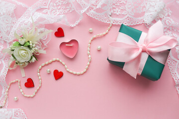 happy valentine's day card design in pastel colors. flowers and red heart