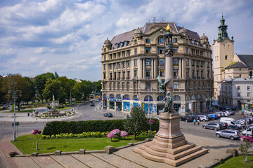 Aerial view on Monument to Adam Mickiewicz in Lviv, Ukraine from drone