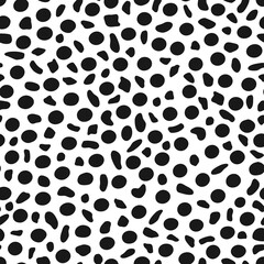 Random placed and irregular polka dots seamless repeat pattern on white background. Monochrome Fashion Geometrical elements aop, all over surface print.