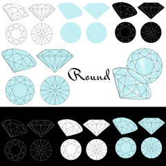 Round cut. Cutting gems stones. Types of diamond cut. Four sides of jewelry with facets for background, carving and coloring. Black, white and color variants.