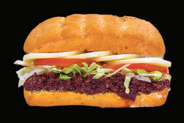 Delicious sandwiches with meat, vegetables, and sauce with reflection,