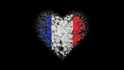 France National Day. July 14. Bastille Day. Heart shape made out of flowers on black background. 3D rendering.