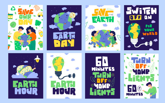 Earth hour banner set. Planet earth day. Turn off your light. 60 minutes.