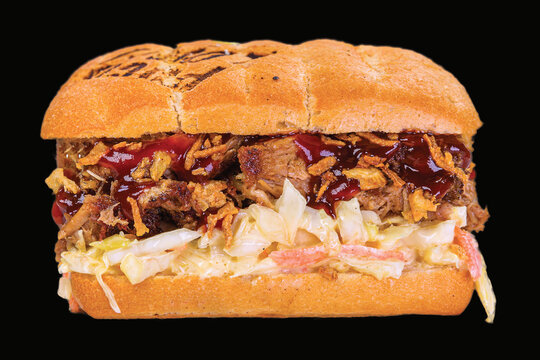 Delicious sandwiches with meat, vegetables, and sauce with reflection,