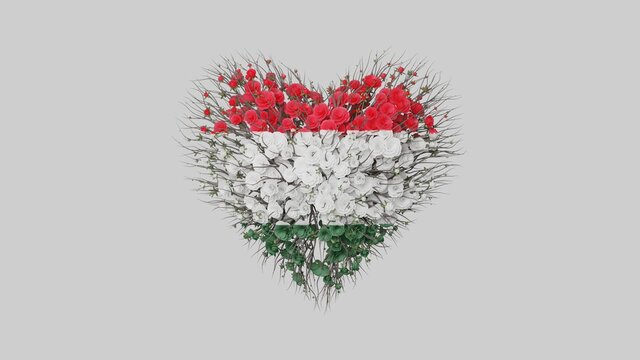 Hungary National Day. March 15. Revolution and Independence Day. Heart shape made out of flowers on white background. 3D rendering.