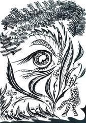 Black exotic floral pattern on a white background