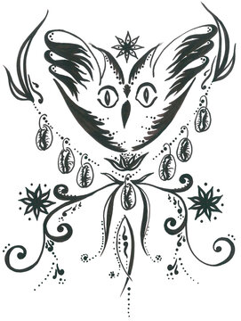 oriental tattoo design owl flying with a necklace
