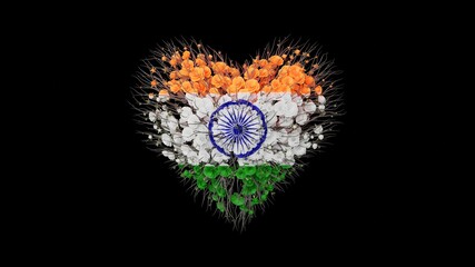 India National Day. August 15. Independence Day. Heart shape made out of flowers on black background. 3D rendering.