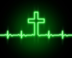 Cross of God ,Lord Jesus Christ. Heartbeat line icon. Heart rhythm.ECG. Cardiogram.Faith.Christian banner design.Green 3d neon light effect on black background.Health.Normal cardio .Church. Wallpaper.