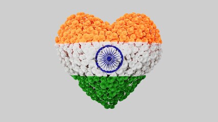 India National Day. August 15. Independence Day. Heart shape made out of flowers on white background. 3D rendering.