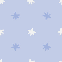 Cute seamless pattern with cartoon blue stars on light background. Stargazer. Simple Christmas holiday wallpaper. Design element for wrapping, card, t-shirt textile print, invitation, accessories